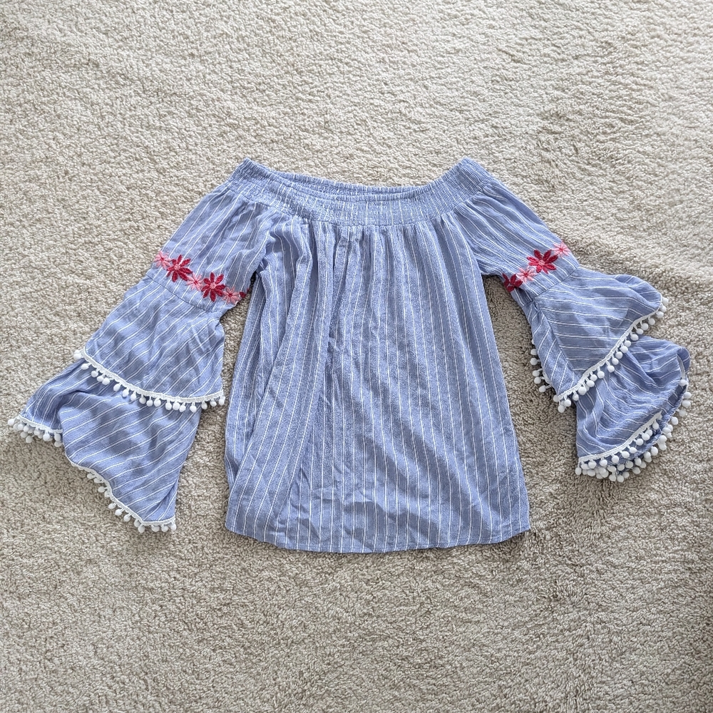 Women's Striped Off-Shoulder Top with Embroidered Details